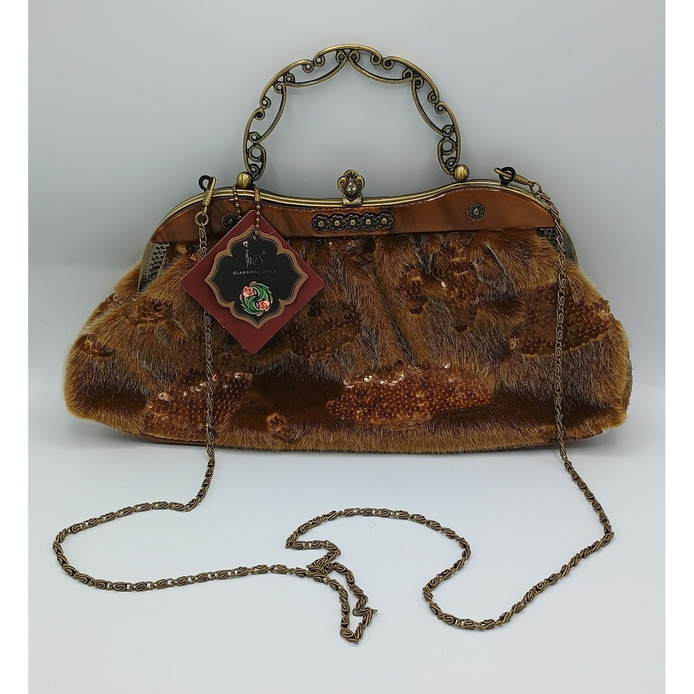 Vintage Inspired Faux Fur Victorian Style 6x12" Purse Bag w/ Long Chain Strap